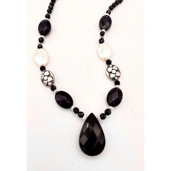 Sterling Silver Faceted Onyx Bead Necklace Oval Coin Pearls Toggle Latch 925 18" - Picture 3 of 7